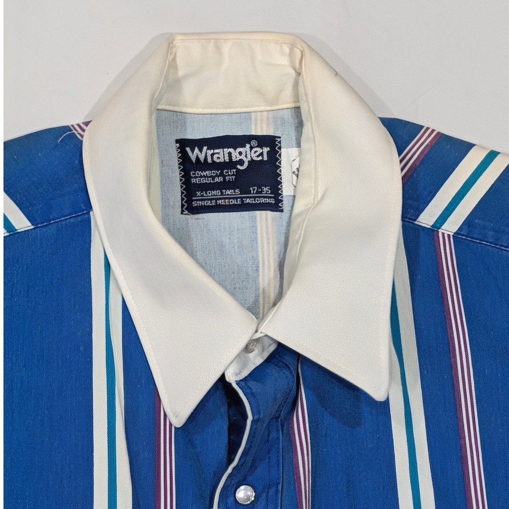 Vintage Wrangler Cowboy Cut Brush Popper Western Shirt Stripe 17x35 Made In USA